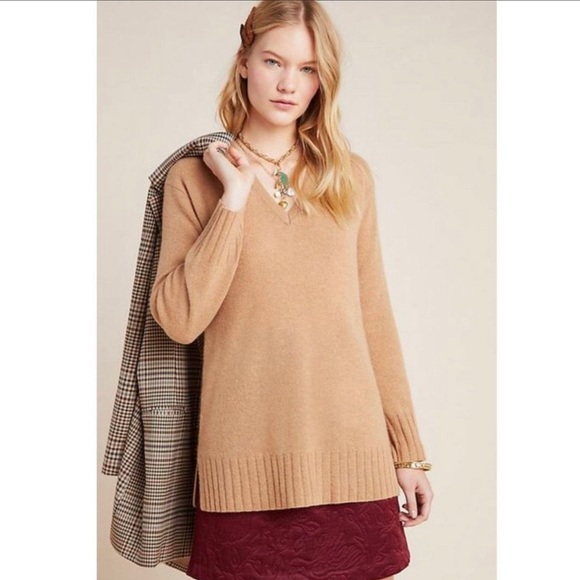 Anthropologie Sweaters - Anthropologie Camel Brown V-Neck Cashmere Sweater